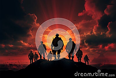 Intense background accentuates the commanding presence of soldiers silhouettes Stock Photo