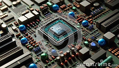 Intense close-up image of an advanced artificial intelligence processor on a computer motherboard. Stock Photo
