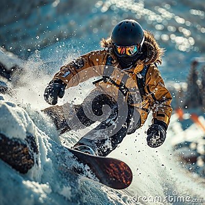 Intense close-up of a snowboarder in the midst of a high-flying jump, focusing on the concentration and skill in their expression Stock Photo