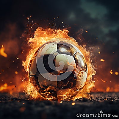 Intense close up, Soccer ball, ablaze, unleashed with power in stadium Stock Photo