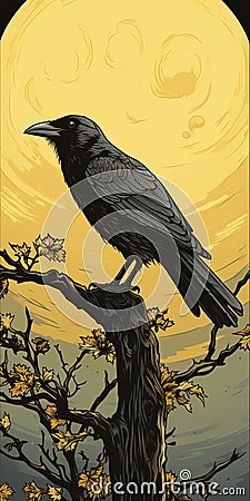 Intense Color Fields: Detailed Crow Illustration With Moon Stock Photo