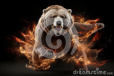 Intense Ferocious bear, amidst a fiery background illuminated by flames Stock Photo