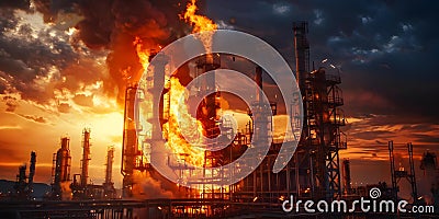 Intense fire erupts at oil refinery spreading flames and causing destruction. Concept Fire Stock Photo