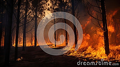 Intense flames from a massive forest fire. Flames light up the night as they rage thru pine forests and sage brush Stock Photo