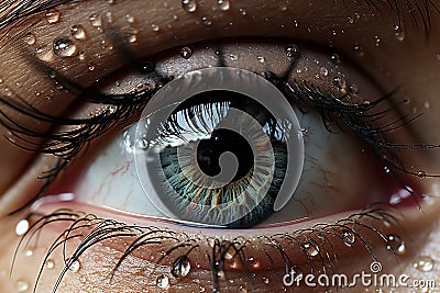 Intense gray eye, halftone dots like storm clouds, in thunderous weather. Stock Photo