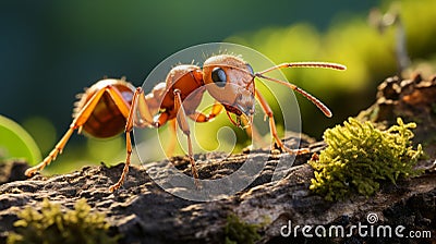 Intense Lighting And Precisionism Influence Orange Ant On Moss Stock Photo