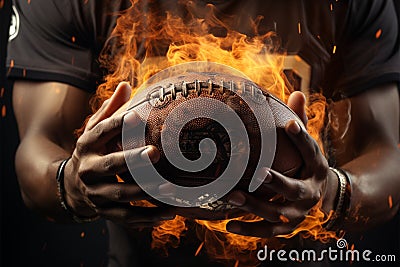 Intense moment American football players hands clutching a fiery ball Stock Photo