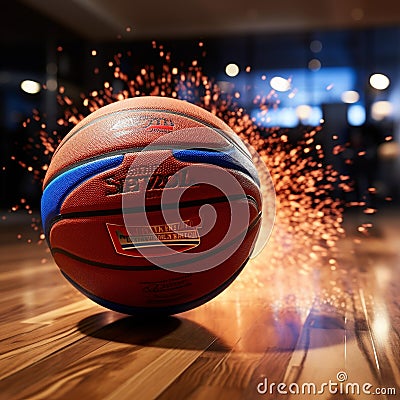 Intense Motion: Basketball Mid-Air Impact with Vibrant Court and Suspenseful Lighting Stock Photo