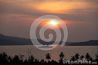 Amazing asian sunset with warship Stock Photo