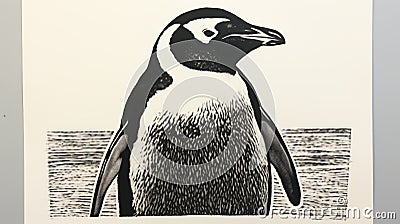 Intense Penguin Lino Print In The Style Of Bob Ringwood Stock Photo
