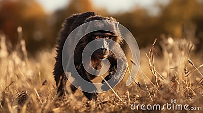 Intense Shadowy Wildlife: Capturing A Cute Monkey In Autumn Stock Photo