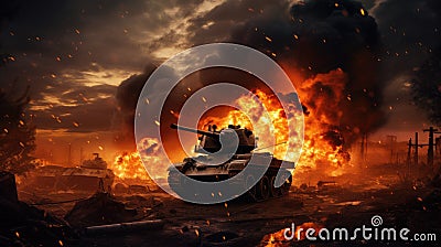 the intense silhouette of a burning tank, depicting a dramatic scene of conflict and destruction. Stock Photo