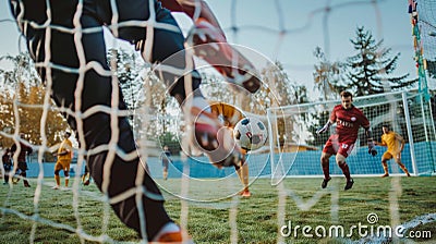 Intense soccer game player scores goal as goalkeeper makes a crucial save in a highly charged match Stock Photo