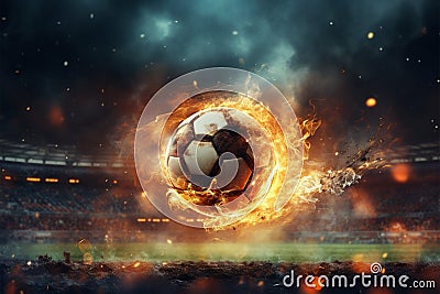 Intense stadium action, Fiery soccer ball kicked with immense power Stock Photo