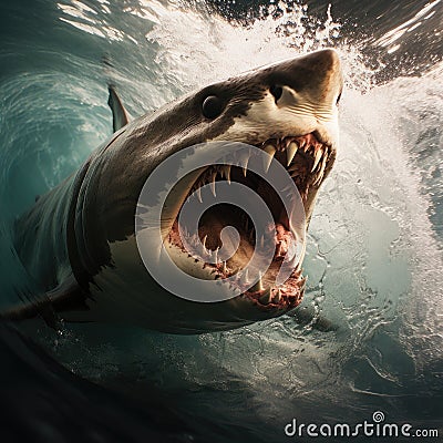 Intensity of a massive shark navigating through towering waves Stock Photo