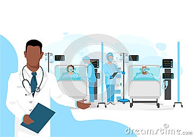The doctor shows a modern intensive care board where nurses take care of the sick Vector Illustration