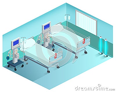Intensive care unit medical ward with ventilator. 3d isometric Vector Illustration