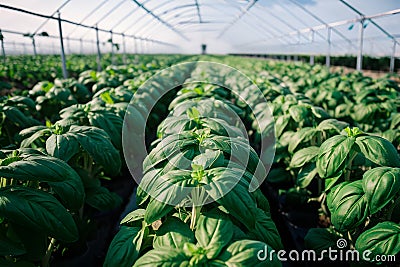 Intensive cultivation portrays basil plants thriving growth environment Stock Photo