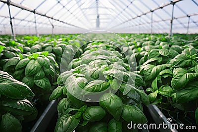 Intensive cultivation portrays basil plants thriving growth environment Stock Photo