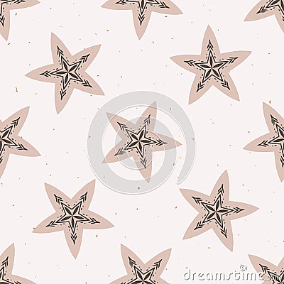 Inter Rustic Stars Lino Cut Texture Seamless Vector Pattern, Sketchy Vector Illustration