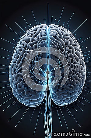 Interactive Brain Neural Network with Active Nodes Generative AI Stock Photo