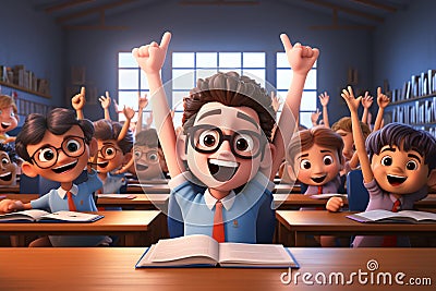 Interactive classroom education concept. Schoolboy raise hand to answer question during class at school. Elementary student in Stock Photo