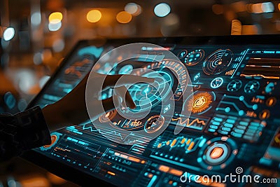 Interactive Futuristic Interface, Exploring Advanced Technology's Visuals and User Interactions on a Sleek Display, Stock Photo