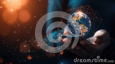 Generative AI of Interactive Globe on Mobile Device with CopySpace Concept for Connectivity Solutions, Future Technologies, and Stock Photo