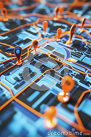An interactive-looking 3D map with animated location pins and network routes. Stock Photo