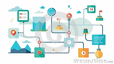 An interactive map with clickable icons and information boxes that provide realtime data and updates on the current flow Vector Illustration