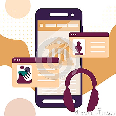 Interactive museum exhibition App. Audio Guide App. Virtual Museum and Art GalleryTours in Smartphone. Online Tours. Vector Illustration