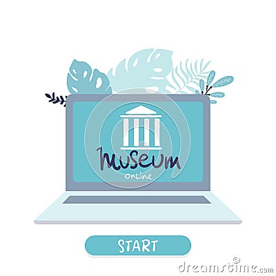 Interactive museum exhibition. laptop . Virtual Museum and Art Gallery Tours in laptop. Online Tours. Vector flat Vector Illustration