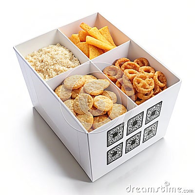Interactive snack box with augmented reality QR codes Stock Photo
