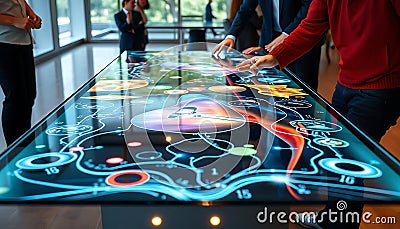 Interactive touch screen table, modern technology and digital interface display Generative AI Stock Photo