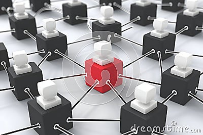 Interconnected blocks center on a red block, symbolizing relationships within a network. Stock Photo
