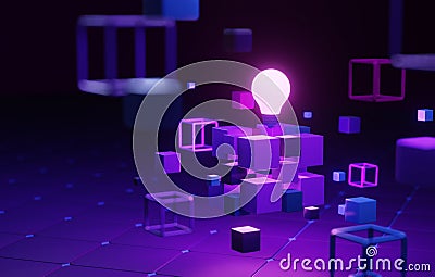 Interconnected digital blocks in cubic form with light bulb Cartoon Illustration
