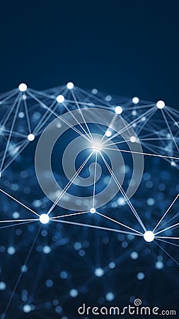 Interconnected digital nodes, central node brightest, blue gradient network, futuristic tech feel Stock Photo