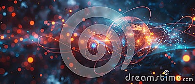 Interconnected Quantum Realms with Dynamic Data Flow. Concept Quantum Physics, Interconnected Stock Photo