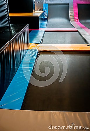 Interconnected trampolines for indoor jumping. New revolution pl Stock Photo