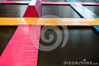 Interconnected trampolines for indoor jumping Stock Photo