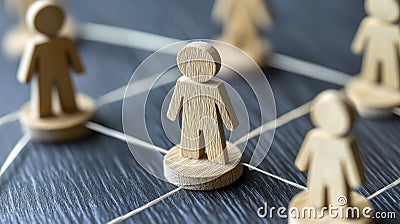 Explore the power of interconnectedness with this captivating image showcasing wooden figurines linked by delicate strings, Stock Photo