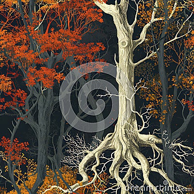 interconnectedness of tree roots beneath the forest floor. Utilize a mix of earthy tones and fine. AI Generated Stock Photo