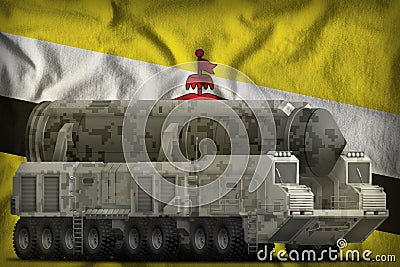 Intercontinental ballistic missile with city camouflage on the Brunei Darussalam national flag background. 3d Illustration Stock Photo