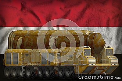 Intercontinental ballistic missile with desert camouflage on the Syrian Arab Republic national flag background. 3d Illustration Stock Photo