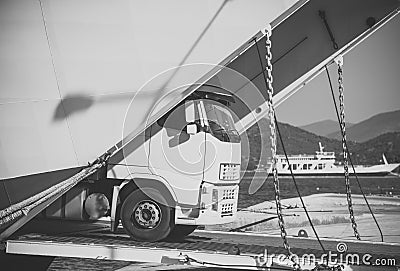 Intercontinental transport. argo van, truck, kamion transports goods or items between countries. International Stock Photo