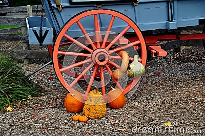 Intercourse, PA: Wagon Wheel with Pumpkins Editorial Stock Photo