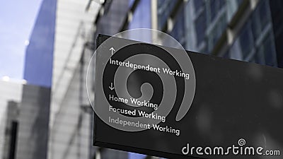 Interdependent Working Future choices on a black city-center sign in front of a modern office building Stock Photo