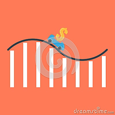 Interest rate reduction or dollar depreciation conceptual financial illustration, rollercoaster cart with a dollar sign on a Vector Illustration