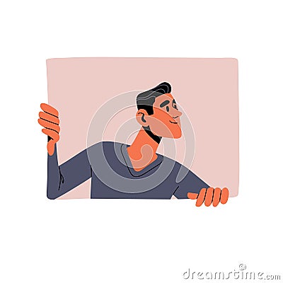 Interested man looking out window. People peeking from behind wall. Character with curious emotions, happy facial Vector Illustration