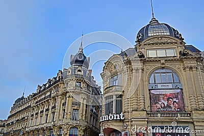 Interesting design of Cinema Gaumont Comedie building at Place de la Comedie square in Montpellier, Herault in Southern France Editorial Stock Photo